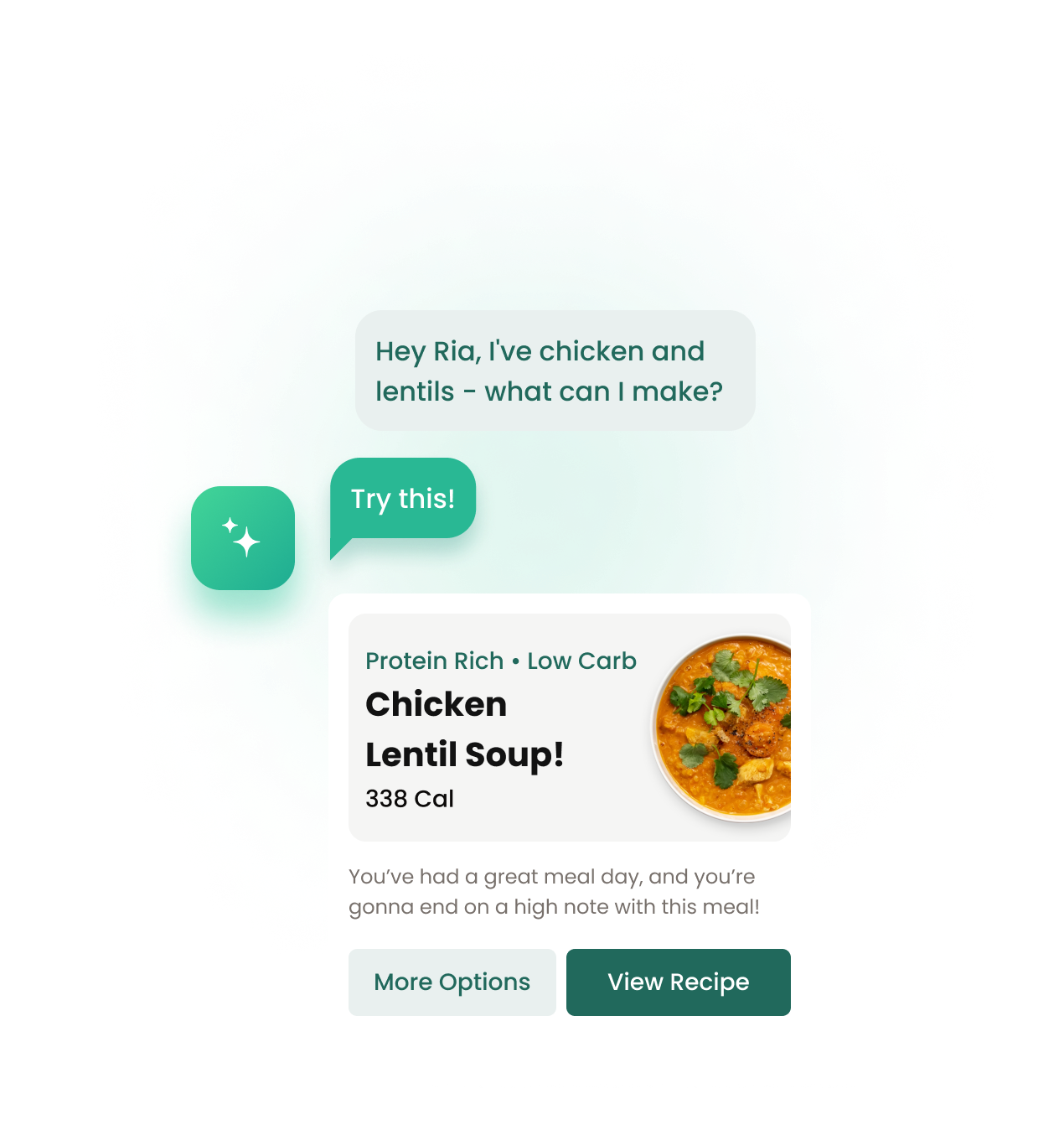 Healthify AI Ria Chat Animation. Your 24X7 AI Coach to help you with food ideas, Recipes, and personalised Health Advice.