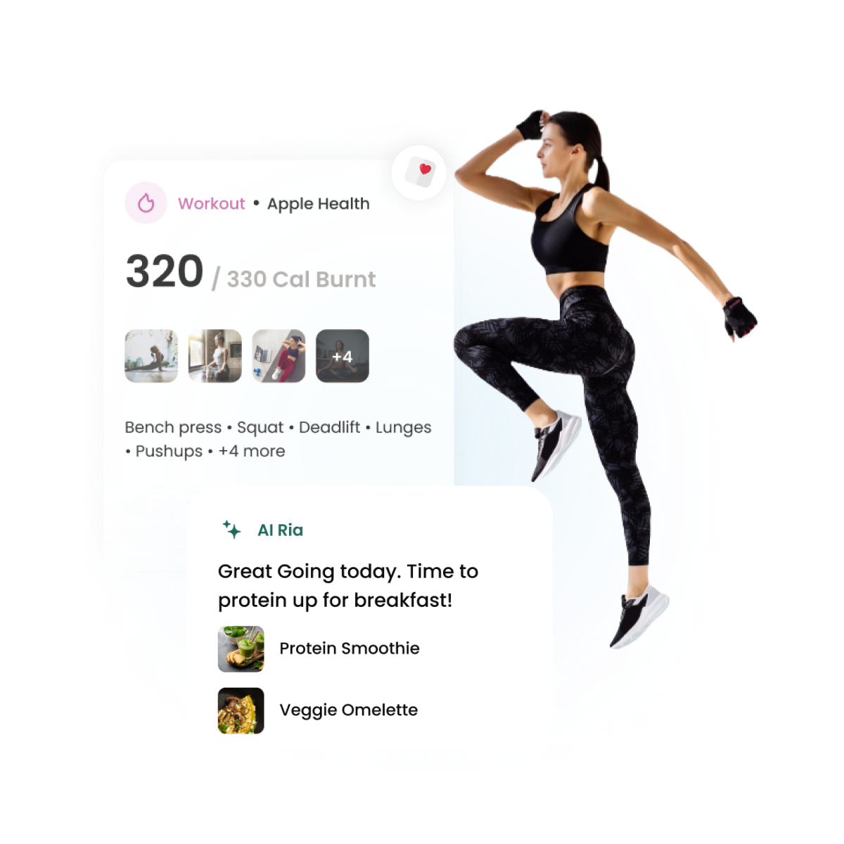 Screenshot showing the workout logs and AI Ria insights. Image also have a women in running pose along with the apple health sync icon.