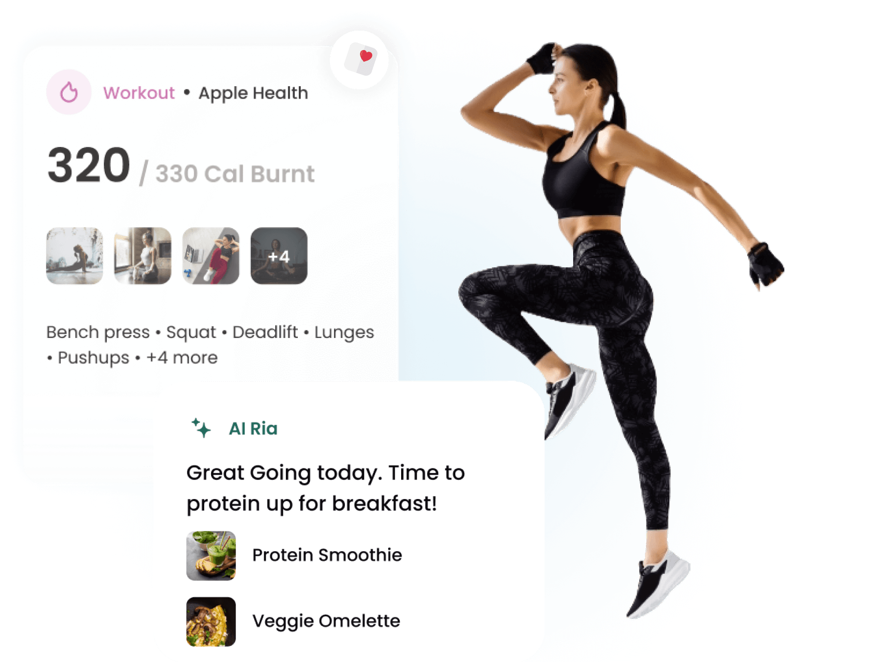 Screenshot showing the workout logs and AI Ria insights. Image also have a women in running pose along with the apple health sync icon.